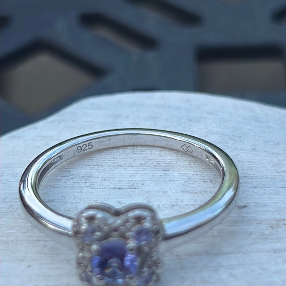 Natural Tanzanite and White Zircon Sterling Silver Ring Size 7 Clover Flower - Picture 12 of 13